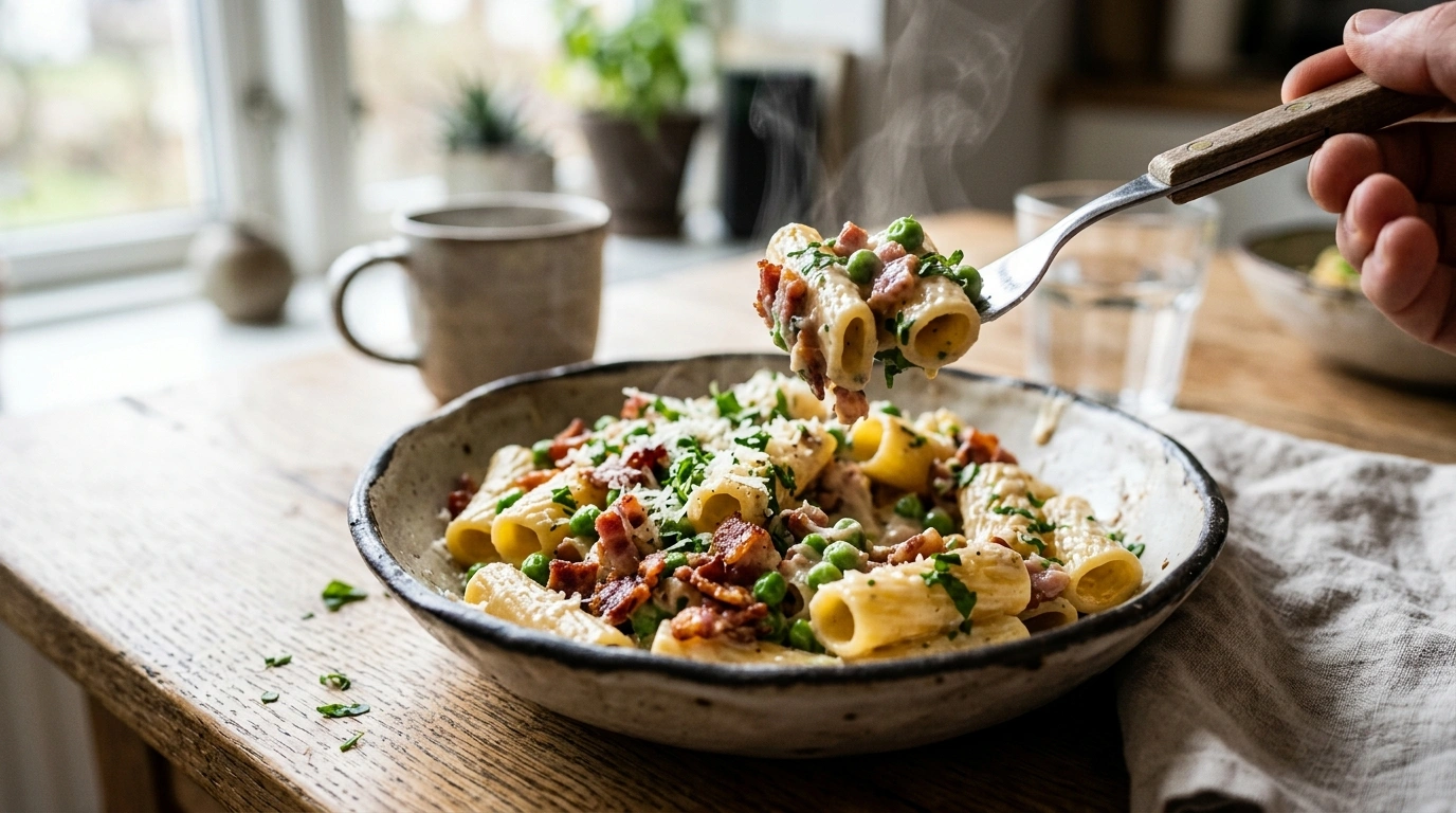 Hurtig pasta med fløde og bacon